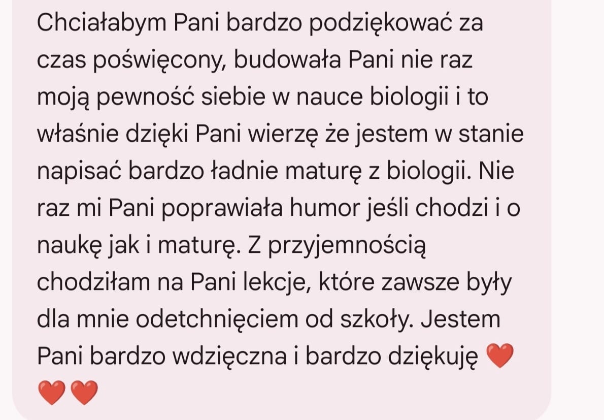 Opinia uczennicy o wsparciu, pewności siebie i przygotowaniu do matury z biologii