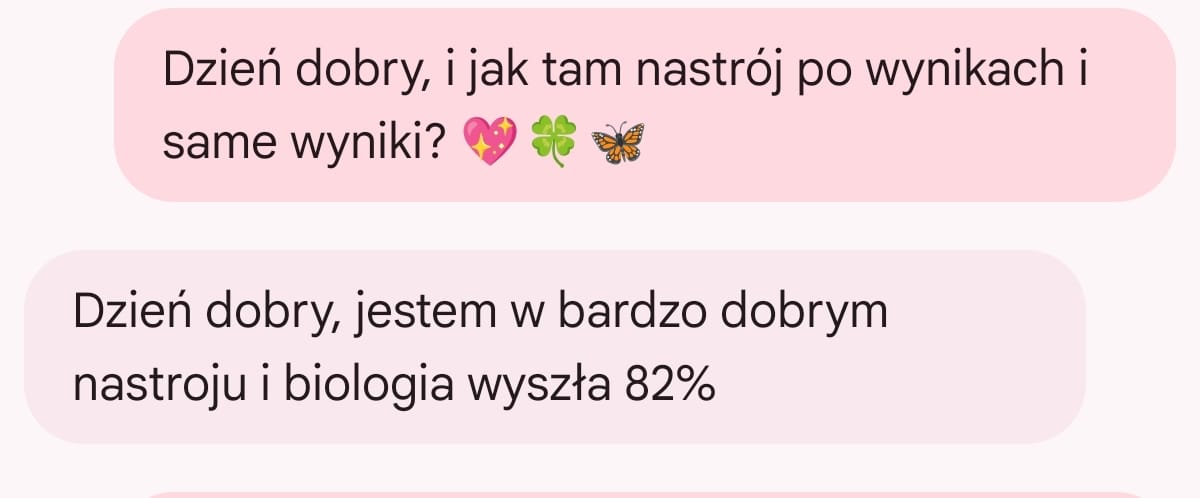 Wiadomość uczennicy o wyniku 82 procent z matury z biologii